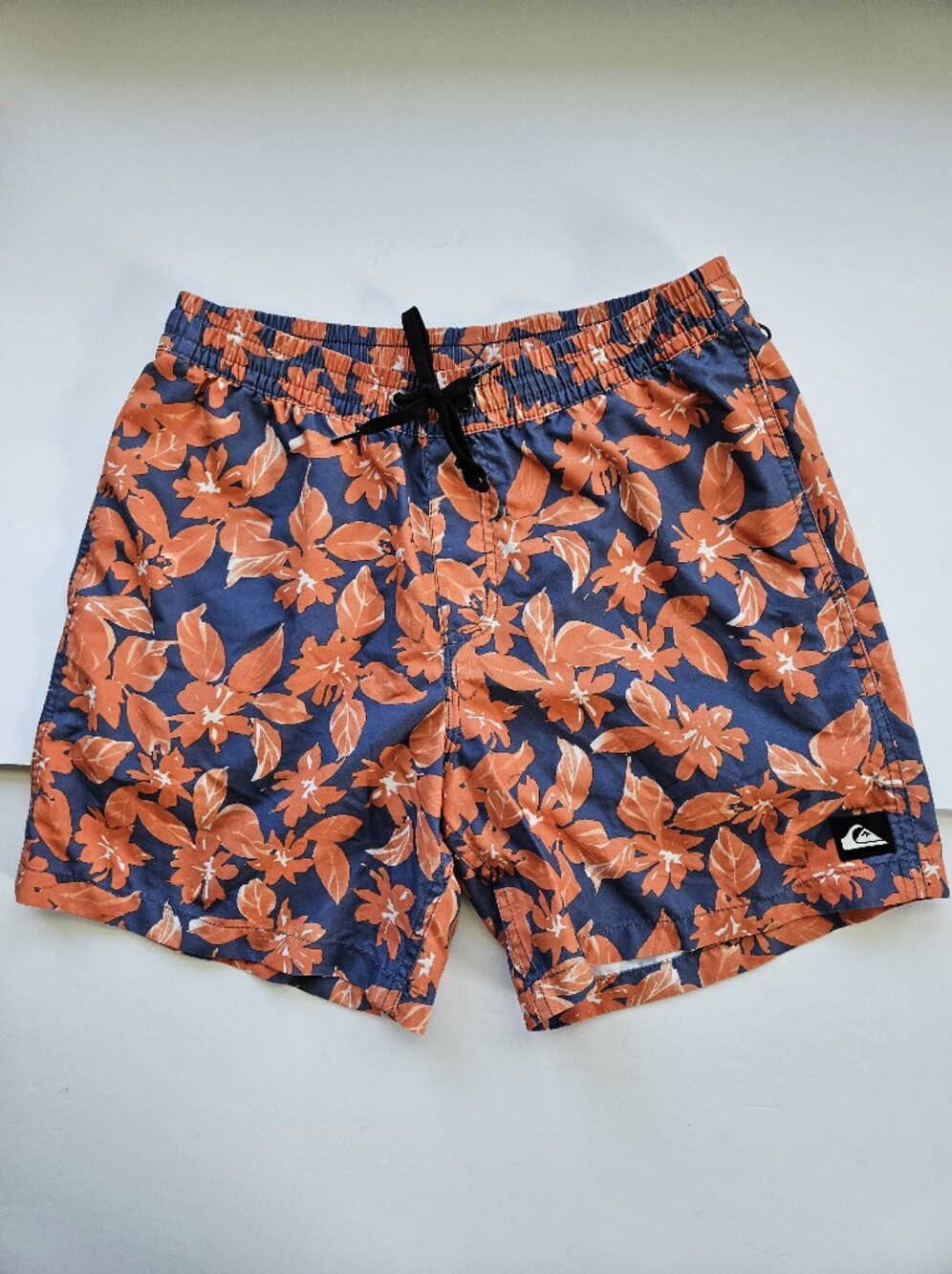 mens boys S small Quicksilver swim trunk board short orange blue pockets elastic